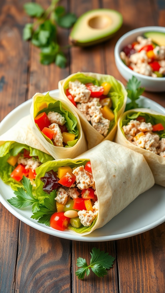Fresh and Flavorful Tuna Wraps with Veggies Tuna wraps filled with fresh veggies, sliced in half on a rustic table.